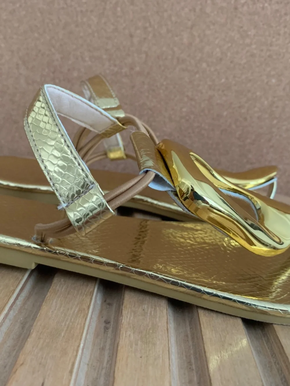 Gold Metallic Slingback Thong Sandals Size 37 Statement Ornament Flats